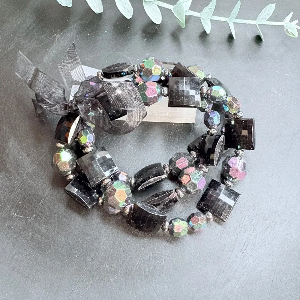 Black Acrylic Beaded Bracelet Set | ‎ Stretch | Iridescent Gothic Boho Stack